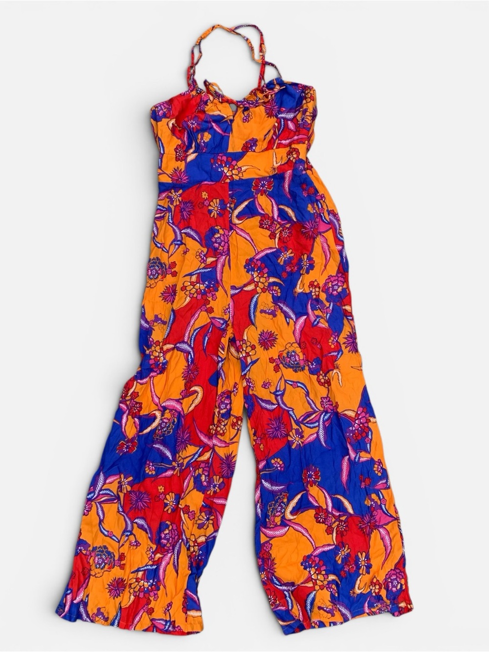 ModCloth Bright Orange & Blue Floral Wide-Leg Jumpsuit Size 12